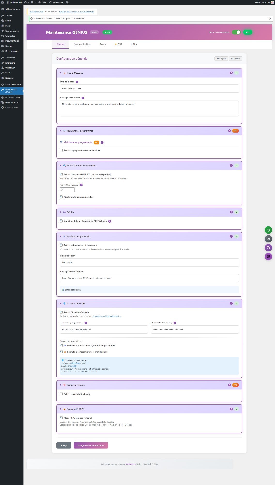 Onglet Général — toutes les sections de configuration